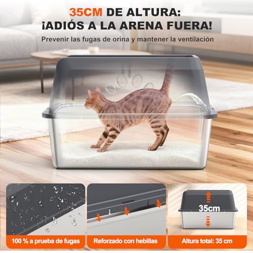 Arenero para Gato de Acero Inoxidable XL con Bordes Altos Antifugas y Accesorios - Imagen 4