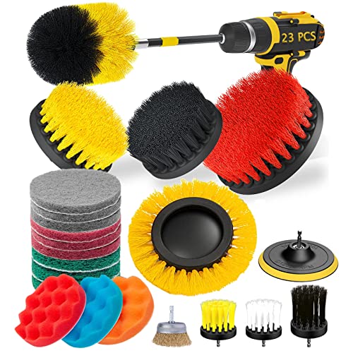 BRITOR Drill Brushes for Cleaning 23 Piece, Drill Brush Set Cleaning Tools, Car Drill Brushes Detailing with Scrub Pads, Power Scrubber Kit with Extend Long Attachment- for Grout, Tiles, Sinks