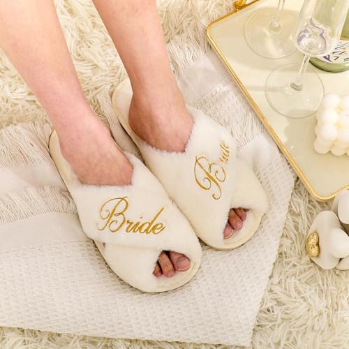 Bride Slippers for Wedding Day, Embroidery Bride To Be Bridal Shower Gift for Women Bridesmaids, Personalized Bride Open Toe Fuzzy Flip Flops, Getting Ready Outfit, Bachelorette Party Gift3