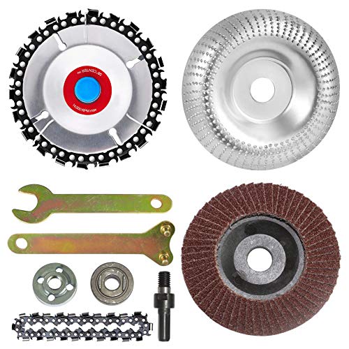 9 Pieces Wood Carving Disc Kit Including 22 Tooth Wood Carving Chain Disc Tungsten Grinder Shaping Disc Flap Wheel Discs Electric Drill Conversion Bar Angle Grinder Attachment for Woodworking