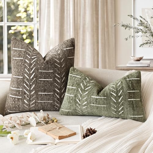Image of Foindtower Set of 2 Decorative Chenille Jacquard Throw Pillow Covers Textured Farmhouse Lumbar Cushion Cover Neutral Coastal Boho Home Decor For Sofa Chair Couch Bed Living Room,12x20 Inch,Cocoa Brown