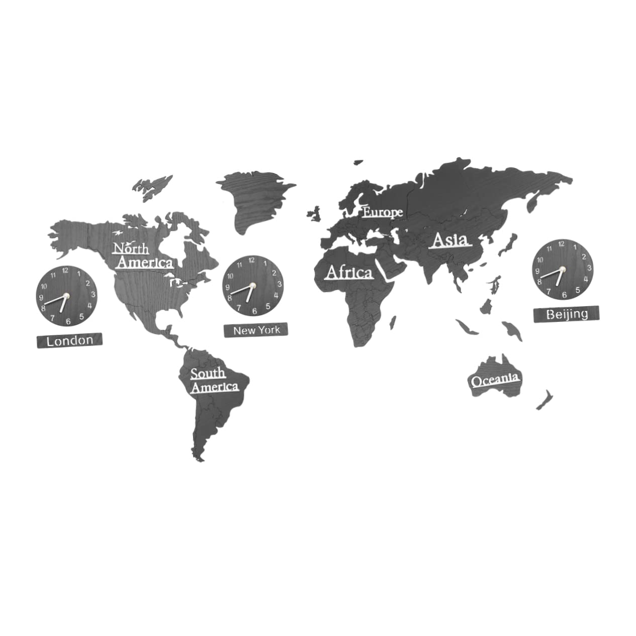 Horloge murale carte du monde multi-fuseaux horaires bois noir pour salon et bureau
