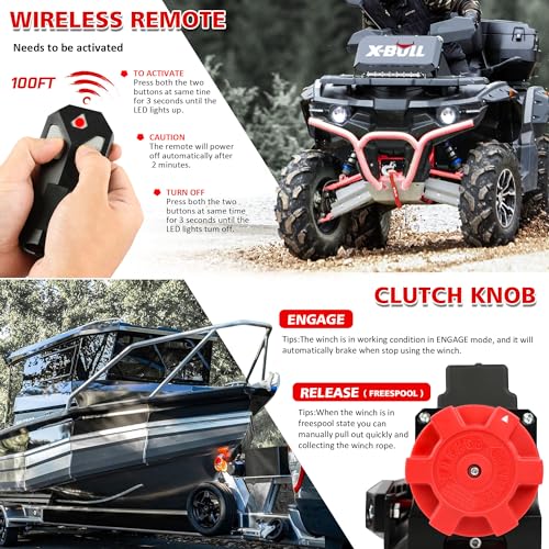 X-Bull USAM-XBEW005 Winch 12V 6000Lbs Boat Trailer Winch With Remote Synthetic Rope 1/4 In X 55 Ft Hook Wireless Remote Handlebar Switch, Automatic Braking, Waterproof, For Atv Utv Powersports Off Road thumb #2