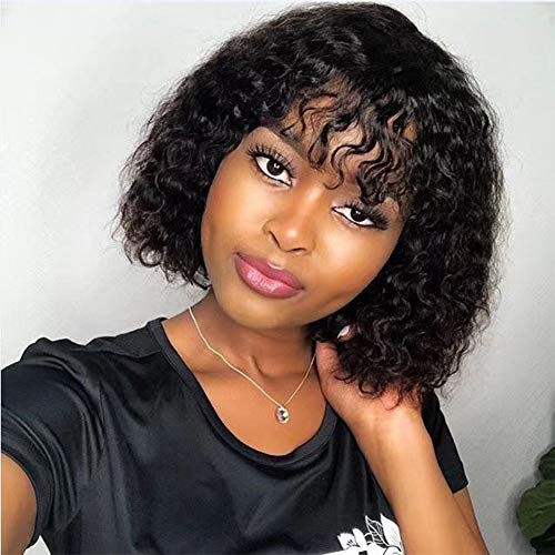 Short Bob Wigs With Bangs 12inch Brazilian Curly Remy Human Hair Bob Wigs with Bangs None Lace Front 150 Density Glueless Machine Made Wig for Black Women Natural Color