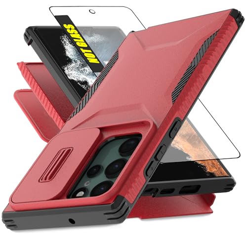 AWZHYDT for Galaxy S22 Ultra Case with 1 HD Screen Protector & Slide Camera Cover [Military-Grade] Phone Case Heavy Duty Rugged Shockproof Protective Cover for Samsung Galaxy S22 Ultra(Red) by AWZHYDT - Used condition - US$7.42