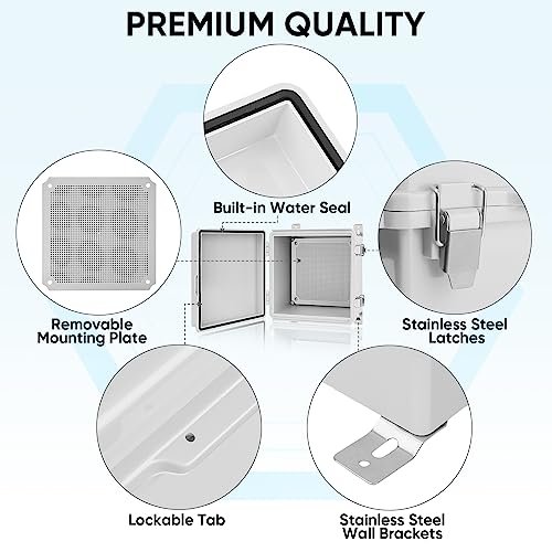 Image of TICONN Outdoor Electrical Box Waterproof, Junction Box IP67 ABS Plastic Enclosure with Hinged Cover with Mounting Plate, Wall Brackets, Cable Glands (Off-White, 11.8 inchx11.8 inchx7.1 inch)