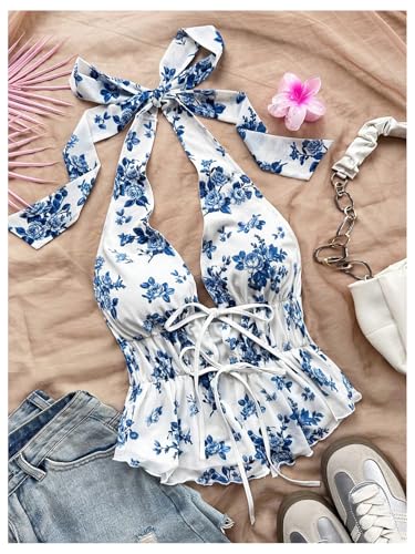 Women's Boho Floral Print Halter Top Y2k Sleeveless Backless Bow Knot Ruffle Tank Tops3