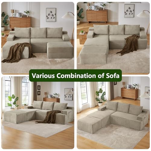 Image of 96.1 inch Modular Sectional Sofa with Ottoman, Modern Corduroy Cloud Couch, Boneless Couch Upholstered 3-Seater U-Shaped Sofa for Living Room, No Assembly (Camel, Right-Facing Chaise)