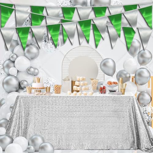 Image of 40M /130FT Green Silver Triangle Pennant Banner Flag Metallic Fabric Bunting Garland for Christmas Graduation Wedding Engagement Anniversary Bachelorette Birthday Bridal Shower Hen Party Supplies