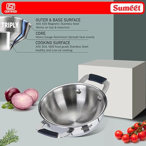 Image of Sumeet Cook Smart ISI Certified Tri-Ply (Steel - Aluminium - Steel) Mini Kadai with Silicon Grip | Induction and Gas Friendly | 2.5mm Thick | 370ml -12Cm, Silver