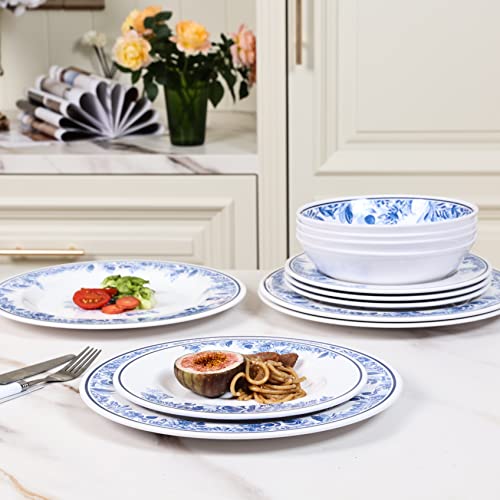Melamine Dinnerware Sets-12Pcs Outdoor Dinnerware Set Service For 4,Dishwasher Safe, Break-Resistant, Indoor And Outdoor Use,Reusable,New Traditional Flower #TOP6