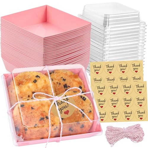 Maridergo 24Pack Paper Charcuterie Boxes with Clear Lids, Oil-Proof Kraft Paper Cake Slice Boxes Square Food Containers with Stickers and Twine for Home Baking and Party