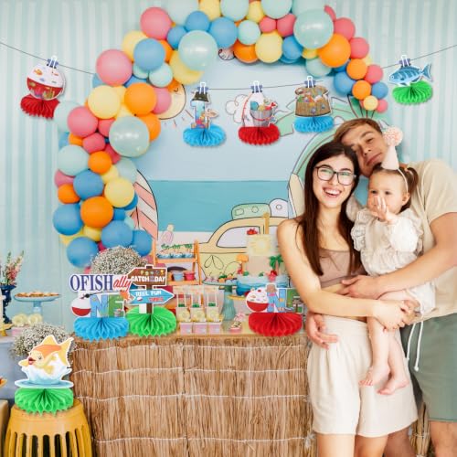 Image of 9pcs Ofishally One Table Centerpieces for First Birthday Party Decorations Gone Fishing Honeycomb Centerpieces for Boys 1st Birthday Table Topper Sign Decors O Fishally Baby Shower Party Supplies