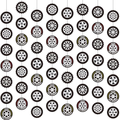 Sinload 8 Pieces Race Car Party Decorations Wheel Tire Garland Banners Car Tyre Paper Cutouts for Racing Birthday Party Favors Classroom Supplies