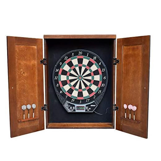 Hathaway Brookline Electronic Dartboard and Cabinet Set - Includes Electronic LED Dartboard, Soft-Tip Darts up to 8 Players - Perfect for Family Game Rooms, Basements, Home Bars, Walnut