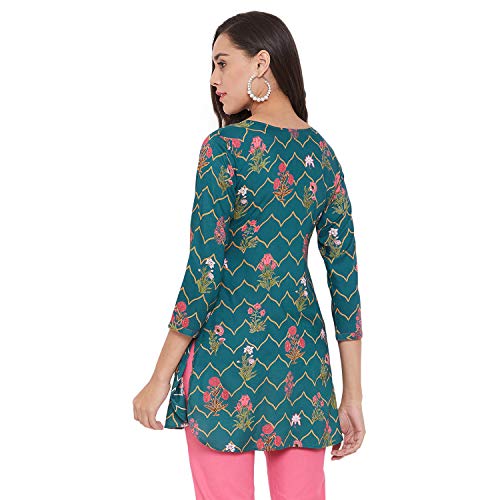 Image of Tissu Women's Green & Pink Floral Printed Kurti