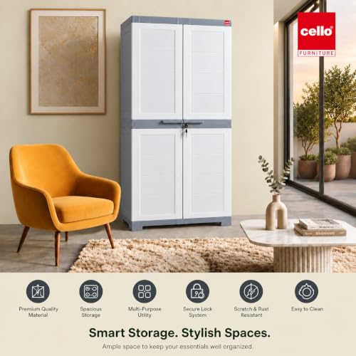 Image of Cello Novelty Big Plastic Cabinet with Dustproof Doors| 3 Year Warranty | Almirah, Cupboard, Wardrobe for Home, Living Room, Bedroom, Kitchen, Office, Outdoor| White & Grey Colour