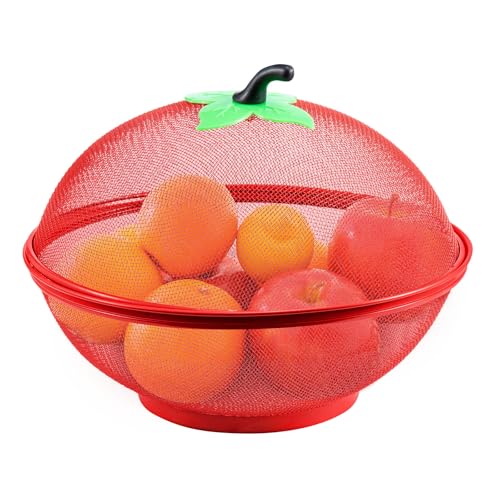 M.J COMFY-LIFE Apple-Shaped Mesh Fruit Basket with Lid Tabletop Vegetable Holder Decorative Fruit Bowl for Kitchen Camping and Patio Use (Red)