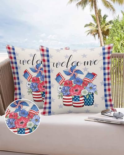 Outdoor Pillow Covers 24 x 24 in, 4th of July Waterproof Throw Pillow Cover Set of 2, Blue Red Floral Plaid Independence Day Welcome Home Decorative Square Cushion Covers for Patio/Couch/Garden