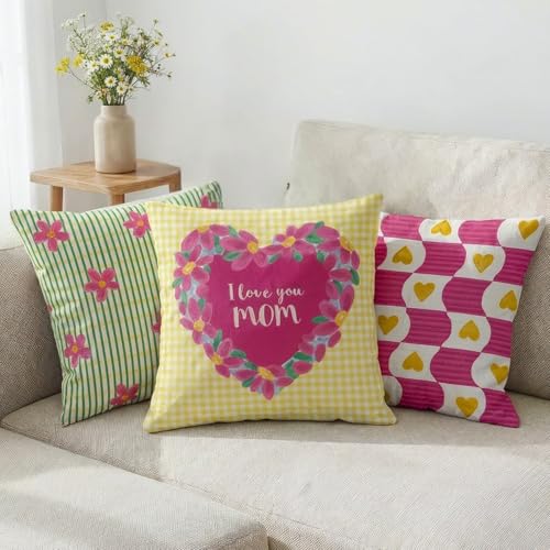 Image of haus & kinder Modern Luxury 100% Cotton Digital Printed Pink & Yellow Floral Heart Design Decorative Throw Pillow Cushion Covers for Sofa, Living Room & Bedroom 16 x 16 Inches Set of 3