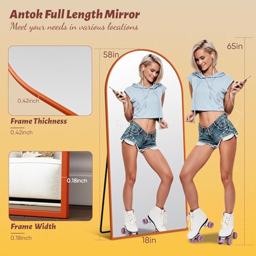 Full Length Mirror, 58"x18" Floor Mirror, Arch Floor Standing Mirrors Freestanding Arch Full Body Mirrors with Stand for Bedroom, Hanging Mounted for Living Room Cloakroom, Orange