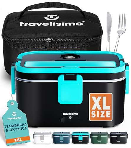 TRAVELISIMO   Fiambrera Electrica Extra Grande 1,8L   Taper Electrico para Comida 100W   Fiambrera Termica 3 en 1 12V/24V/220V   Fiambreras Comida Trabajo para Coche, Camión   Acero Inoxidable