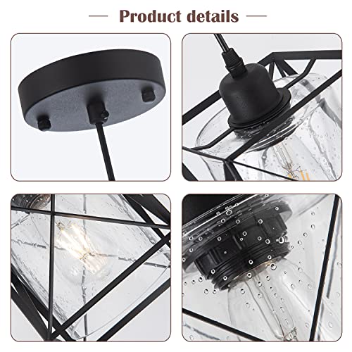 IMPIOIO Farmhouse Black Pendant Light with Seeded Glass Industrial Cage Blown Clear Bubble Glass Hanging Lighting Adjustable Cord for Kitchen Island Over Sink Hallway - Image 6