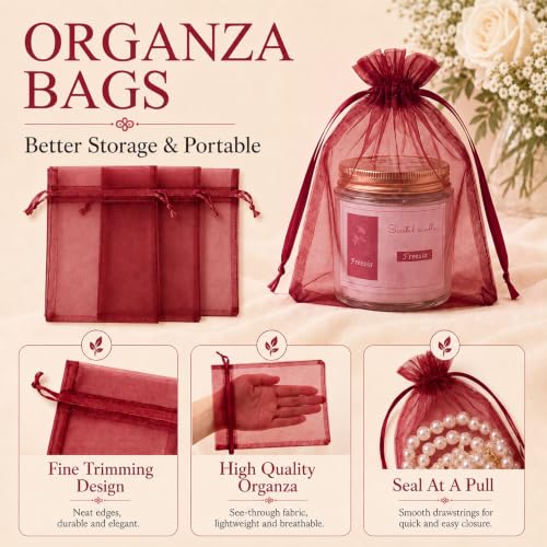 Image of ANZNKU 100 PCS Organza Bags 5 x 7, Burgundy Small Mesh Gift Bags Drawstring