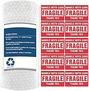 Bubble Cushioning Wrap, Bubble Cushion Wraps for House Moving Mailing and Packing Perforated Every 300mm, Small Air Bubbles, 300mmX11M Roll with 10 Fragile Stickers