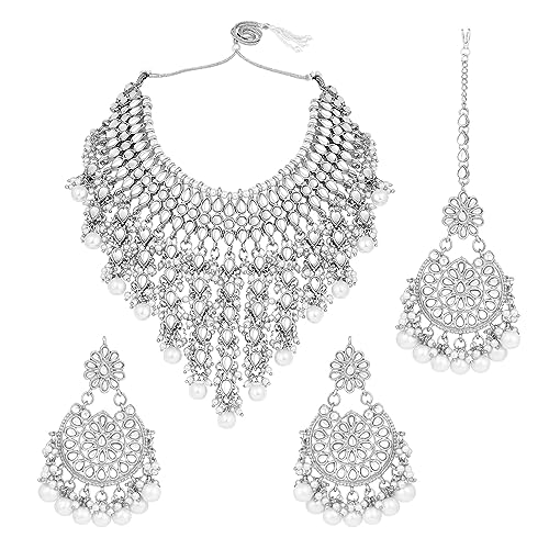 Image of Peora Kundan & Beads Studded Necklace Earrings & Maangtikka Set Ethnic Jewellery for Women & Girls
