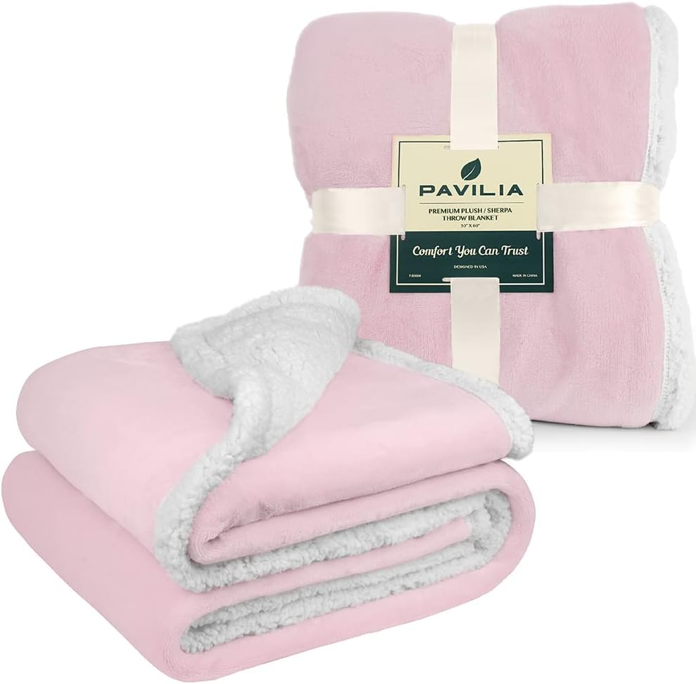 PAVILIA Sherpa Fleece Throw Blanket for Couch, Light Pink, Plush Soft Fuzzy Sofa Blanket, Cozy Reversible Winter Throw for Women Men, 50x60 Inches - Image 9