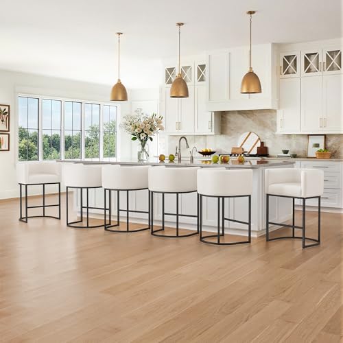 Image of LUE BONA Counter Height Bar Stools Set of 6, Modern Barrel Counter Stools with Backrest and Arms, Black Metal Frames, Linen Fabric Upholstered Accent Barstools for Kitchen Island, Beige