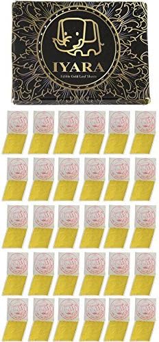 IYARA 30 Edible Gold Leaf Sheets – Multipurpose 24 Karat Yellow Leaves for Food and Cake Decoration, Spa Anti-Wrinkle Face Masks, Art, Crafts, Gilding, Restoration, DIY Projects (1.2" x 1.2"), Count