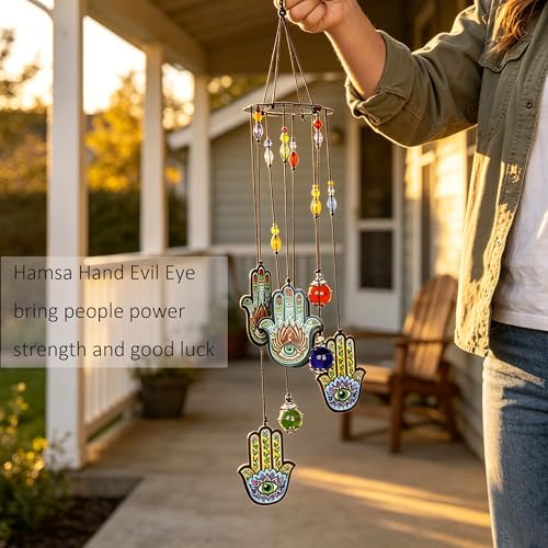 Wind Chimes Outdoor Decor, Metal Memorial Windchimes Hanging Decoration for Garden Home Yard and Christmas Tree,15'' Hamsa Hand Evil Eye Chakra Glass Beaded Design Christmas Decor