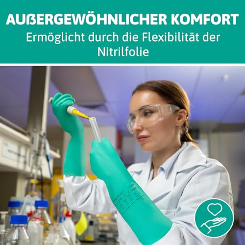 Ansell AlphaTec 37-675, Chemikalienschutzhandschuhe, Wasserdichte Sicherheitshandschuhe, Lebensmittel- und Reinigungshandschuhe, Latexfreie Schutzhandschuhe, Grüne Nitrilhandschuhe, 12 Paar, Gr. 2XL