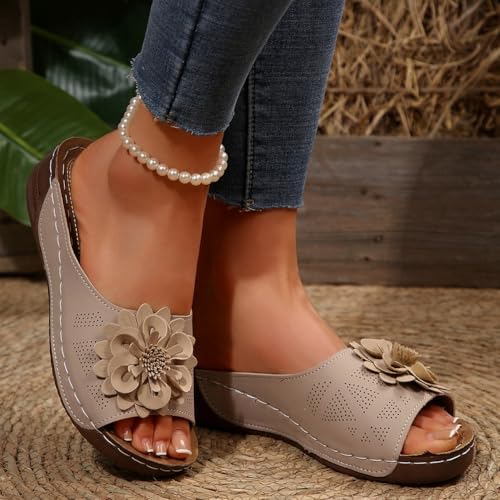Womens Wedge Sandals 2025 Flower Summer Dressy Flat Open Toe Platform Shoes Casual Boho Slip on Beach Walking Sandals2
