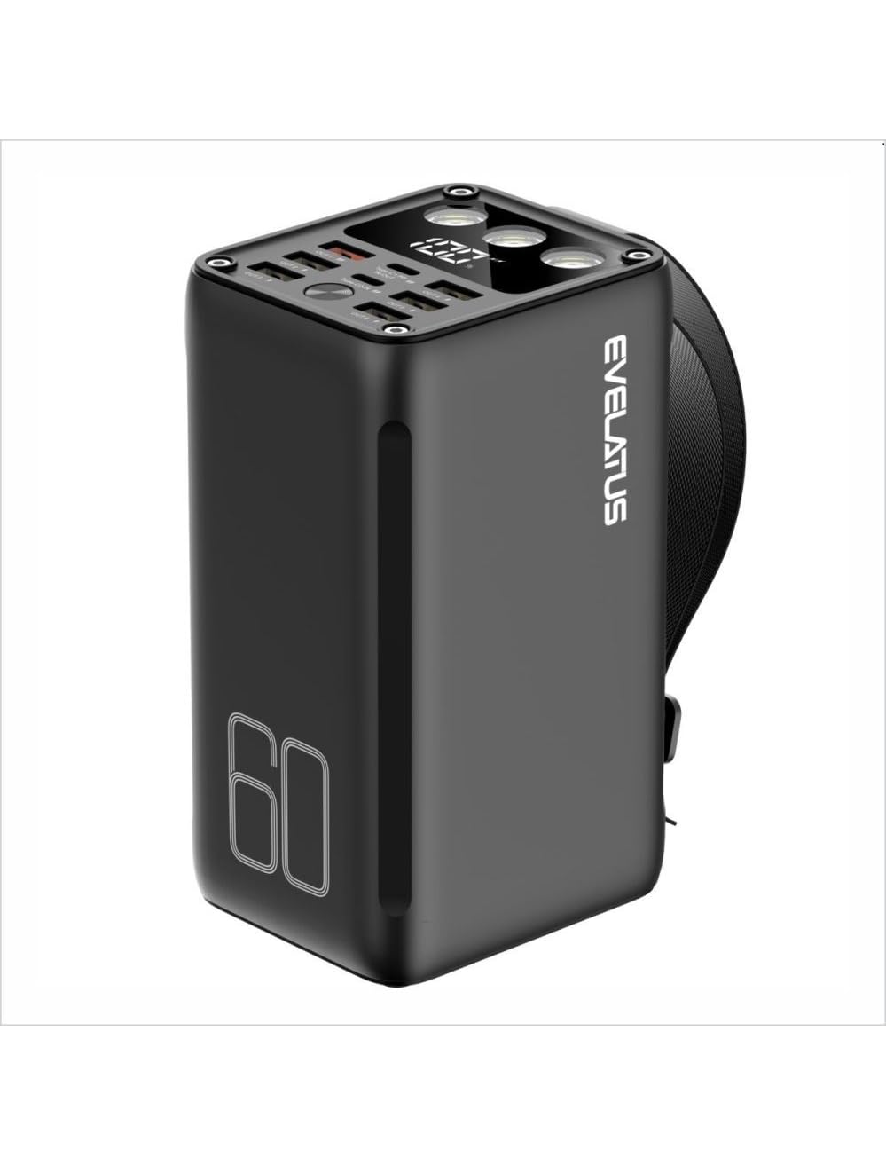 Evelatus Zewnętrzny powerbank 22,5 W 60 000 mAh z 7 wyjściami i 2 wejściami – czarny