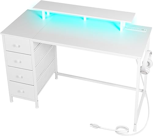 HGD14WT - Escritorio blanco para computadora con luz LED y tomas de corriente, escritorio de juegos de 55 pulgadas con 4 cajones de tela, escritorio