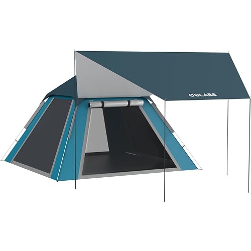 Golabs 2-3 Person Camping Tent w/ 9.5x8.5 ft Canopy, 3-Minute Setup by Pre-Attached Pole, PU1500mm Waterproof, 4 Side Mesh Tent Top & Door & Ventilation, Portable Family Tent w/Carry Bag&Pocket &Hook