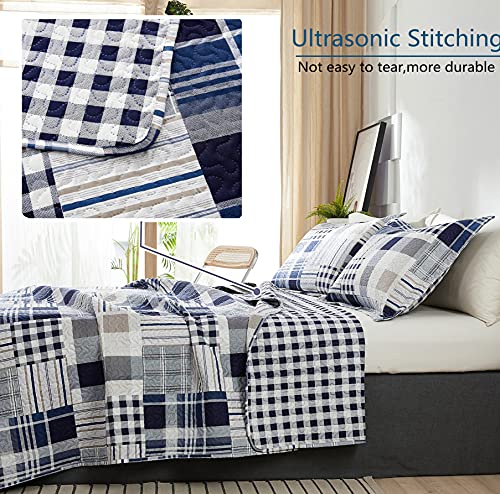 3-Piece Plaid Ultra Lightweight Bedspread Quilt Set King, Navy Blue Grid Checkered Striped Patchwork Coverlet Bed Cover With Pillow Shams, Farmhouse Multicolor All Season Bedding Sets Bedroom Decor #TOP5