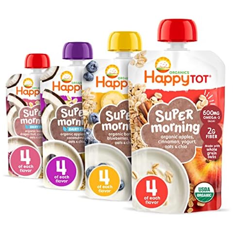 Happy Tot Organics Stage 4 Baby Food Pouches, Gluten Free, Super Morning Fruit & Oat Variety Pack Blend 4 Oz (Pack of 16), Amazon Exclusive Cover