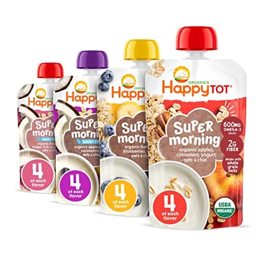 HAPPYTOT Organics Stage 4 Baby Food Pouches, Gluten Free, Super Morning Fruit & Oat Variety Pack Blend 4 Oz (Pack of 16), Amazon Exclusive