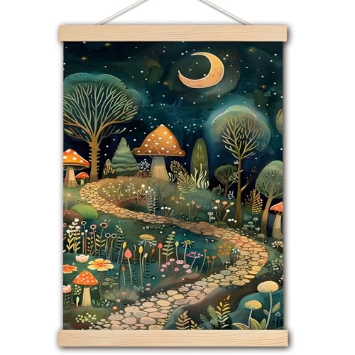 pouep Whimsical Enchanted Forest Woodland Mushroom Crescent Moon Wall Art Poster, Fairytale Nursery Decor, Mystical Magical Nature Wall Art for Home Kids Room Nursery Playroom, 16x24 Inch