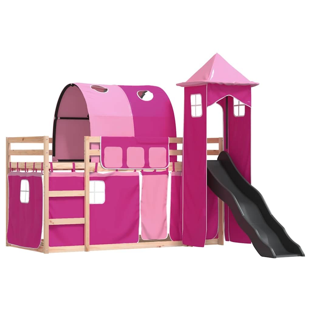 Hochbett mit Rutsche und Vorhängen Rosa 80x200 cm - Kinderbett aus Kiefer-Massivholz mit Leiter Turm Tunnel und Rausfallschutz - Spielbett für Kinderzimmer