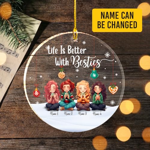 Life Better with Besties Clear Plastic Ornaments, Christmas Decorations Personalized Name Four Girls Wear Sweater with Chocolate Cup Acrylic Ornaments, Gifts for Sister Friends Bestie Siblings2