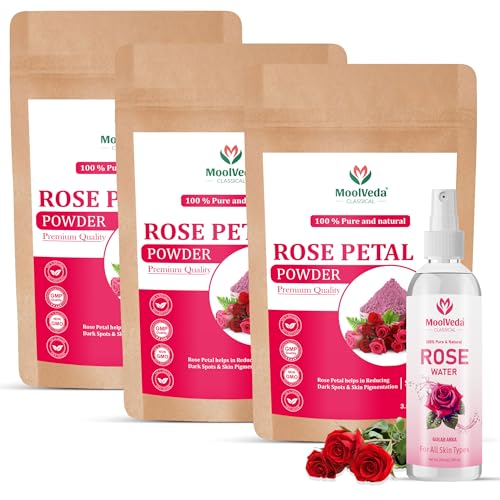 Image of Pure & Natural Rose Petal Powder | Face Pack & Face Mask for Skin Care | Glowing Skin Care | Pack of 3 | 100 g Each | Free Rose Water