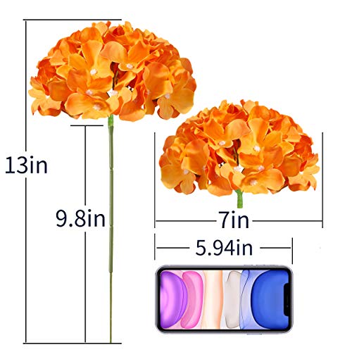 Orange Hydrangea Silk Fake Flowers Heads With Stems, Artificial Flowers For Decoration Wedding Home Party Shop Baby Shower,Room Decor For Bedroom Aesthetic, Pack Of 10 #TOP3