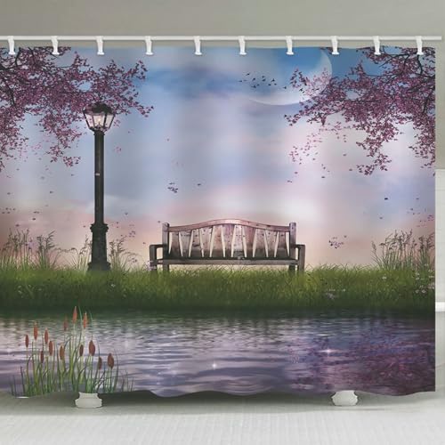 Rideau de douche polyester lavable et imperméable motif vert fleurs avec anneaux