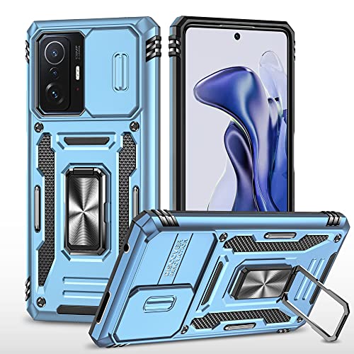 Image of Polycarbonate Slide Camera Cover with Ring Holder Mobile Phone Back Cover for Xiaomi 11T /Xiaomi 11T Pro (Blue)