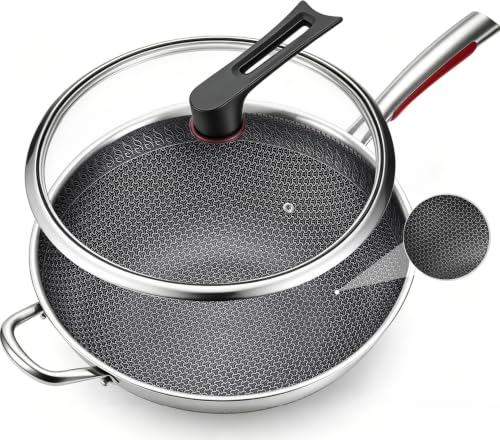 12.6" Lake Tian Tri-Ply Chemical Free Laser Etched Honeycomb Nonstick Stainless Steel Wok Pan w/ Glass Lid - image 1